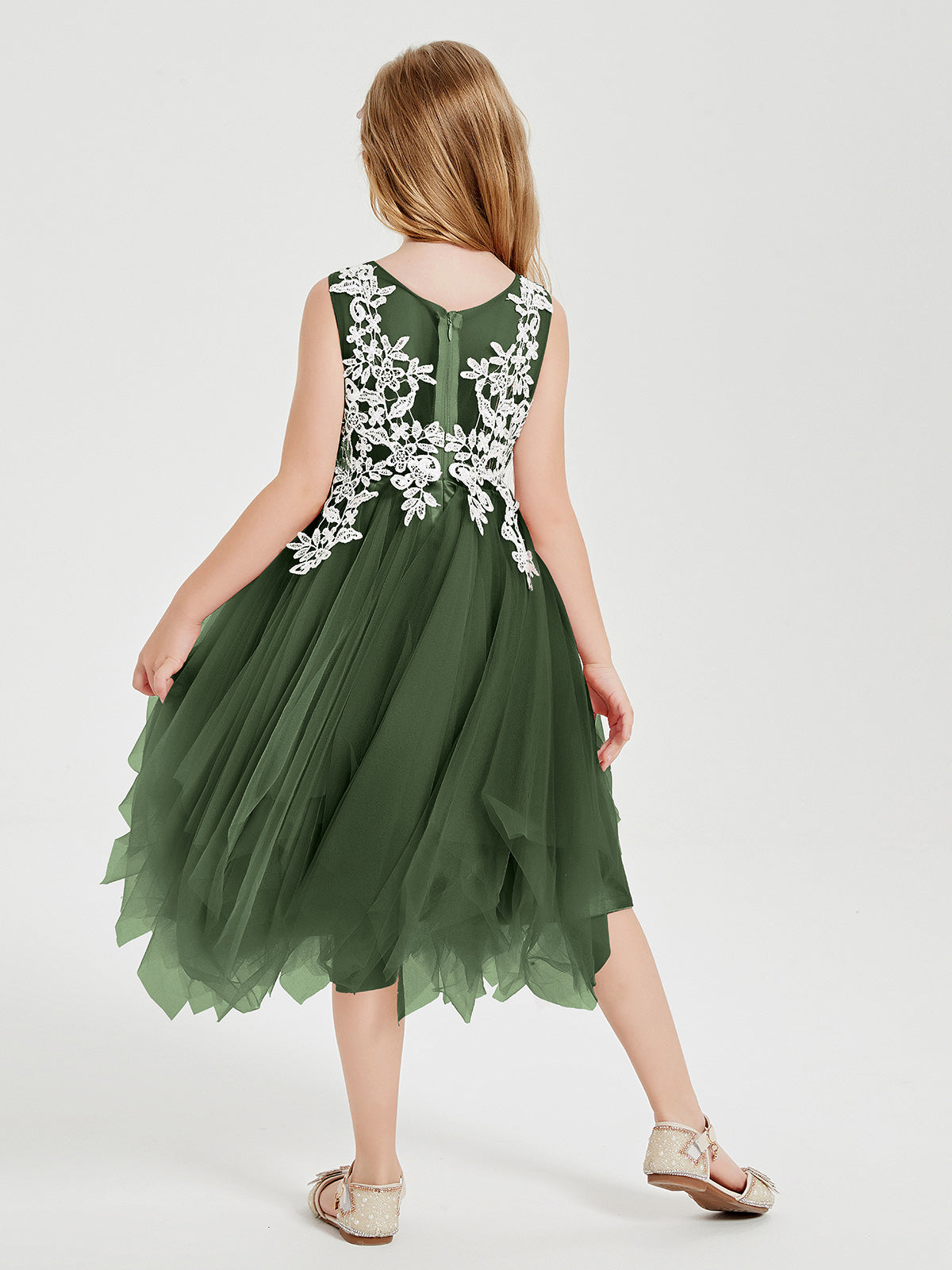 Tea Length Tulle Junior Bridesmaid Dresses Olive Green